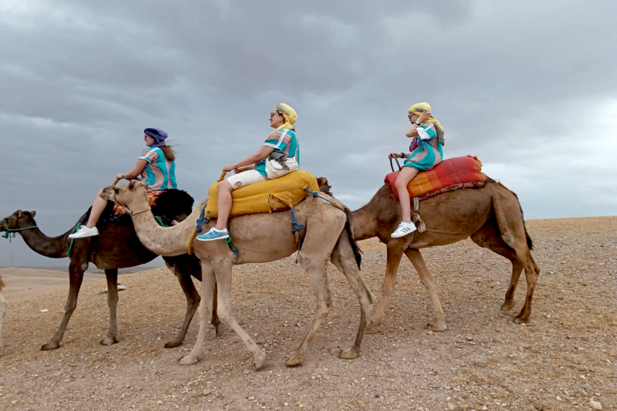 Experiência de passeio de camelo no pôr do sol no deserto rochoso de Agafay